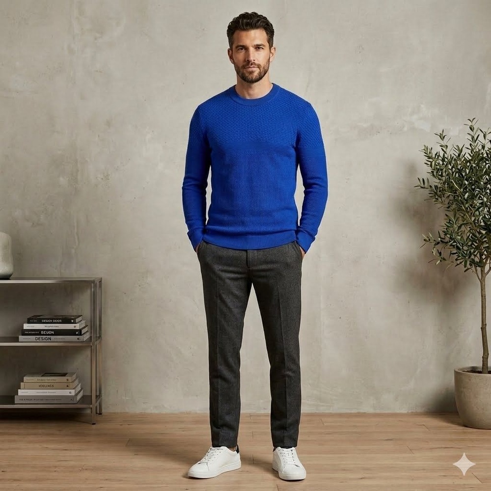 Ted Baker London Mens‎ Blue Textured Knit Wool Blend Crewneck Sweater Size 4 L